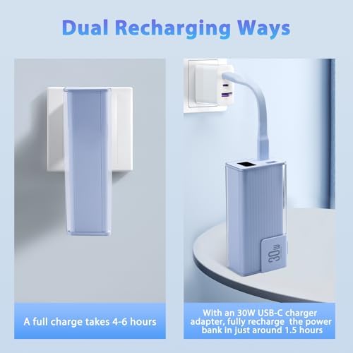 Miady 10000 m Ah Portable Charger with Built-in Foldable Wall Plug – PD 30 W Fast Charging Power Bank with USB-C Cable & LED Display – Lightweight Travel Essential for i Phone & Galaxy Smartphones in Stylish Cream Blue – Ultimate On-the-Go Charging Solution
