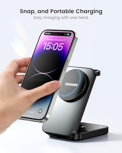 ESSAGER 3 in 1 Travel Wireless Charger – Compact Foldable Magnetic Charging Station for i Phone 16/15/14/13/12, Air Pods Pro/4/3/2, and i Watch with 20 W Fast Charging Adapter – Ultimate Compatibility & Efficiency for On-the-Go Power Needs