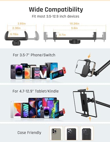 Versatile Overhead Tablet and Phone Mount with Dual Clamp – Adjustable Stand for Hands-Free Use of i Pad Pro, Mini, Air, i Phone 15 Pro & Other 3.5″-12.9″ Devices – Enhanced Stability, 360-Degree Rotation, Perfect for Home, Office, or Travel