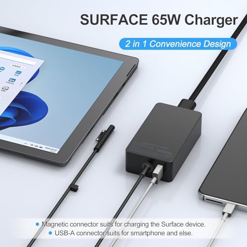 65 W Microsoft Surface Pro Charger with USB Port – Fast Charging for Surface Laptop 1-9, Surface Go, Surface Book | 10 FT Cable for Ultimate Flexibility and Enhanced Compatibility | Reliable Power Supply for All Your Surface Devices