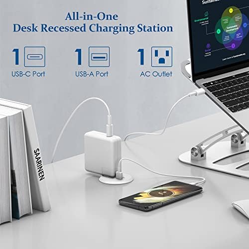 Revolutionize Your Workspace with the 2-Inch Desk Power Grommet Featuring PD 20 W USB-C Fast Charging, Ultra-Flat Plug Design, and Recessed Outlet for Seamless Cable Management – Perfect for Home or Office Use with 6 ft Power Cable (White)