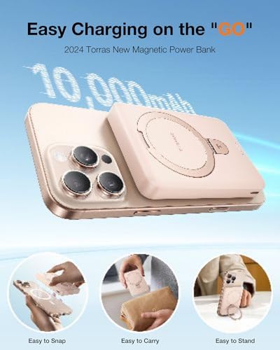 TORRAS Magnetic 10000 m Ah Portable Power Bank – Ultra-Slim Wireless Charger for i Phone with Fast Charging & Integrated O-Stand, Compatible with Mag Safe, 16 Pro Max, Pro, 15, 14, 13, 12 – Essential Travel Companion for Effortless Connectivity