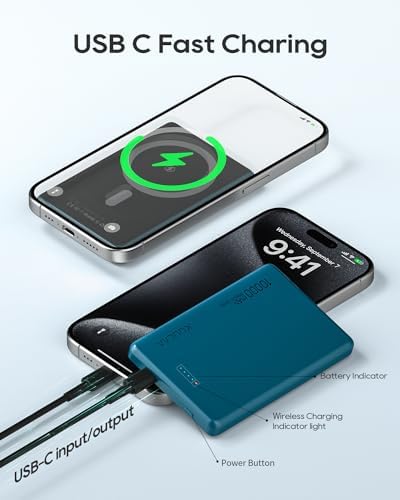 Ultra-Slim Kuulaa 10000 m Ah Mag Safe Power Bank – Fast Wireless Charger for i Phone 16/15/14/13/12 Series – Effortless Magnetic Alignment for On-the-Go Charging – High-Capacity Portable Battery Pack with LED Status Indicator