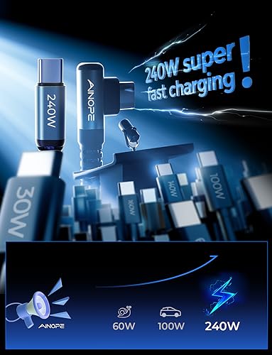 Optimize your charging setup with the AINOPE 240 W USB C to USB C Cable, a 6-foot powerhouse engineered for ultimate speed and flexibility. Featuring a right-angle connector, this fast charging cable is perfect for gaming or multitasking without the clutter of tangled cords. Compatible with the latest devices, including i Phone 16 Pro Max, i Phone 15, Mac Book Air/Pro, i Pad Pro, Samsung Galaxy, and Pixel, it delivers an impressive 240 W power output for rapid charging. The dual-pack offers exceptional value, ensuring you have a reliable charging solution wherever you go. Built with premium materials for durability, the sleek grey and blue design enhances your tech aesthetic while providing long-lasting performance. Elevate your device charging experience with this versatile cable, designed for both home and office use, while ensuring seamless connectivity across all your electronics.