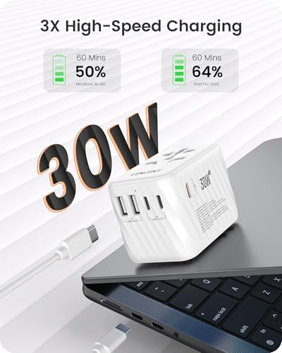 LENCENT 85 W Universal Travel Adapter with Retractable USB-C Cable – High-Speed International Plug Converter Featuring 3 Type-C & 1 USB-A Ports for Effortless Worldwide Charging – Your Ultimate Travel Essential for Maximum Compatibility, Fast Charging, and Ga N Technology Efficiency