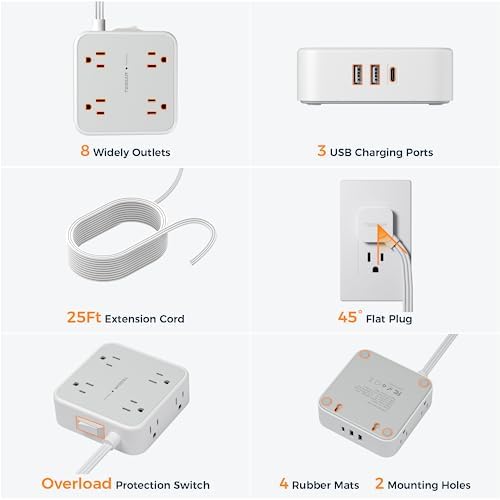 TESSAN Power Strip Tower Surge Protector: 8 AC Outlets & 3 USB Ports (1 USB-C) with 900 Joules Protection, 5 FT Flat Plug Extension Cord – Ultimate Desk Charging Station for Home Office and Dorm Room Efficiency