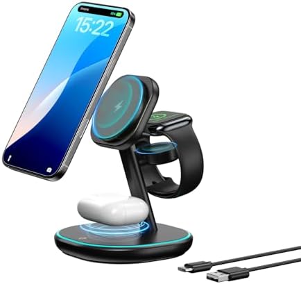 Ultimate 3-in-1 Wireless Charging Station: 15 W Fast Charger for i Phone 16/15/14/13/12, Apple Watch & Air Pods – Adjustable Viewing Stand with Sleep-Friendly Light for Enhanced User Experience (Black) – Rapid, Safe Power Delivery with Multi-Protection Features