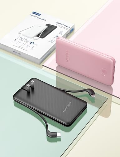 miisso Ultra Slim 10000 m Ah Portable Power Bank with Built-in Cables and Foldable Wall Plug – Compact USB-C Charger for i Phone, Samsung, i Pad & More – Perfect Travel Companion for On-the-Go Charging Efficiency