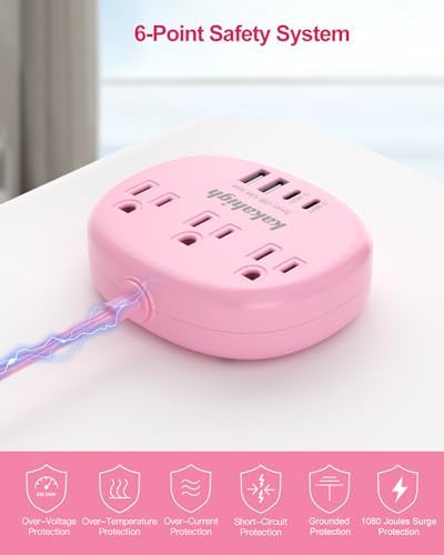 Stylish Brown Extension Cord with 1080 J Surge Protection – 5 FT Flat Braided Design Featuring 3 AC Outlets & 4 USB Ports (24 W/4.8 A) for Fast Charging – Ideal Tan Desk Accessory for Powering Devices Safely & Efficiently