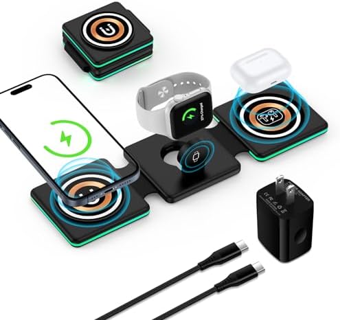 Ultimate 3-in-1 Magnetic Wireless Charging Station for i Phone, Air Pods & Apple Watch – Rapid Foldable Charger Pad Compatible with i Phone 12-16 Pro Max/Plus, Air Pods Pro/3/2, i Watch Ultra/Series 8 – Streamlined Portability & Enhanced Charging Speed