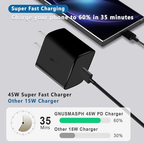 Dual 45 W USB-C Fast Charger Pack with 6 ft Cables for Samsung Galaxy Devices – Rapid Charging Solution for S24, S23 Ultra, S22, Note 10 Plus & Galaxy Tab S8 – Compact Design with Built-in Safety Features