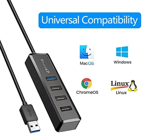 Smart Q H302 USB 3.0 Hub – 4-Port Connectivity Solution with Long Cable Options for Seamless Data Transfer up to 5 Gbps, Micro-B Charging for All Devices, Includes USB C Adapter – Boost Your Productivity & Versatile Workspace Efficiency