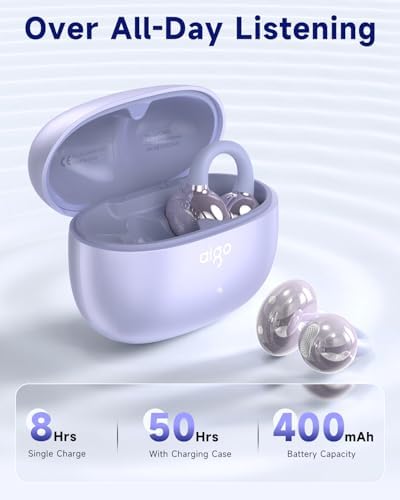 aigo CA05 Open Ear Bluetooth 5.4 Earbuds – Waterproof Wireless Headphones with Clip-On Design, 50 Hours Playtime & Noise Reduction for i Phone, Android, and Laptop – Perfect for Active Lifestyles & Clear Conversations in Vibrant Purple