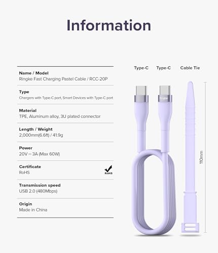 Ringke 6.6 FT USB C to USB C Pastel Charging Cable – Fast Charging Cord for i Phone 16/15, Galaxy, Pixel, Laptops & Tablets – Sleek Design for Enhanced Connectivity and Durability – Perfect for Carplay and On-the-Go Use
