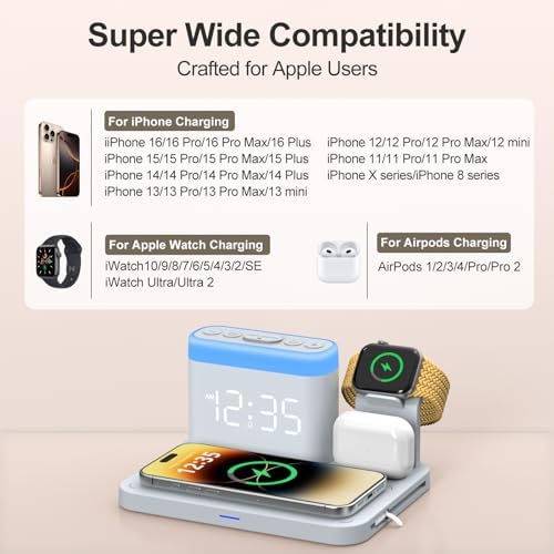 Revolutionize Your Charging Experience with the ANJANK 5-in-1 Wireless Charging Station: Multifunctional Dock for i Phone 16/15/14/13/12 Pro Max, Apple Watch & Air Pods with Adjustable Night Light and Built-In Alarm Clock for Seamless Device Management and Enhanced Ambiance