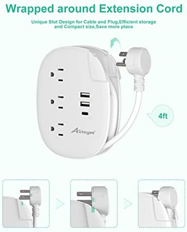 Alitayee 20 W USB-C Power Strip: Compact 3-Outlet Surge Protector with Fast Charging & Flat Plug for Travel, Home, and Office – Ideal for i Phone and QC 3.0 Devices with 3 ft Extension Cord for Maximum Portability and Compatibility