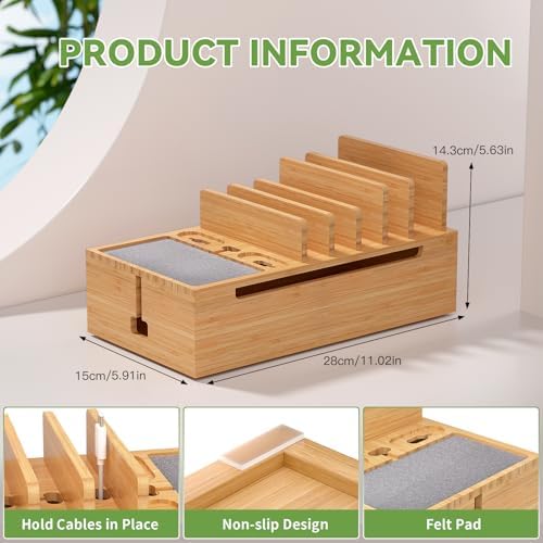 Pezin & Hulin Eco-Friendly Bamboo Cable Management Box – Sleek Desktop Organizer with 6 Cables for Tidy Charging Station, Stylish Wire Organizer for Electronic Devices, Enhances Workspace Efficiency and Aesthetics