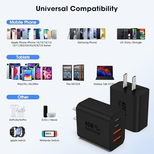 40 W USB C Charger Block – 2 Pack 4-Port Fast Charging Adapter for i Phone & Samsung Devices – PD 3.0 & QC 4.0 Dual Quick Charge Technology – Multi-Device Compatibility in Sleek Black Design – Safe, Efficient Charging Solution for Home & Travel