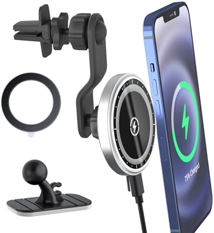 Magnetic Wireless Car Charger with Extended Arm for Unobstructed Airflow – 15 W Fast Charging Phone Holder Mount for Dashboard or Air Vent – Compatible with i Phone & Android Devices – Effortless Navigation and Music Control while Driving
