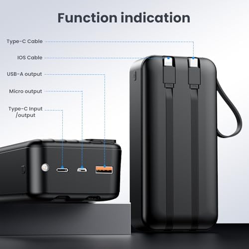Massive 50000 m Ah Portable Power Bank with Dual Built-in Cables – 22.5 W Fast Charging for i Phone 16/15/14/13 Pro & Samsung Galaxy – Multi-Device Charging for Camping, Hiking & Outdoor Adventures – LED Display & Comprehensive Safety Features Included