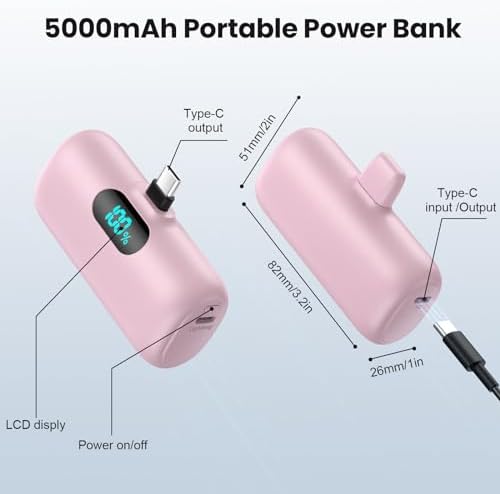 Ultra-Compact 5000 m Ah USB-C Power Bank – Fast Charging Mini Portable Charger with Built-in Connector & LCD Display – Perfect for i Phone 15, i Pad Pro, and Android Devices – Lightweight and Travel-Friendly Power Solution for On-the-Go Connectivity