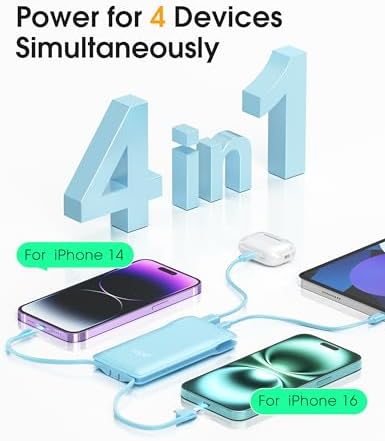 Ultra-Slim 10,000 m Ah TG90° Portable Power Bank with Built-in Lightning and USB-C Cables – Fast Charging, Lightweight Battery Backup for i Phone and Android Devices – Essential On-the-Go Charger for Busy Lifestyles