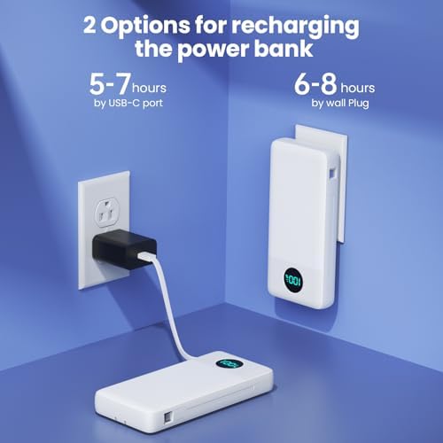 Ultra-High Capacity 33800 m Ah USB C Power Bank with Integrated Cables & AC Wall Adapter – Rapid 25 W Fast Charging with QC 4.0, Multi-Device Support, LCD Battery Status Display for i Phone 16/15, Samsung, Android, and More – Ultimate Portability and Efficiency for On-the-Go Power Solutions