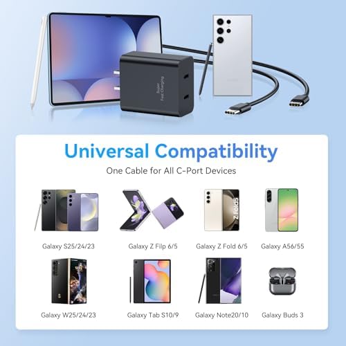 Samsung 45 W Dual Port USB-C Fast Charger with 10 FT Cables – Ultimate Rapid Charge Solution for Galaxy S Series Devices – Efficient Power Delivery for On-the-Go Charging Needs and Enhanced Compatibility with S25, S24, S23, S22, S21, S20+