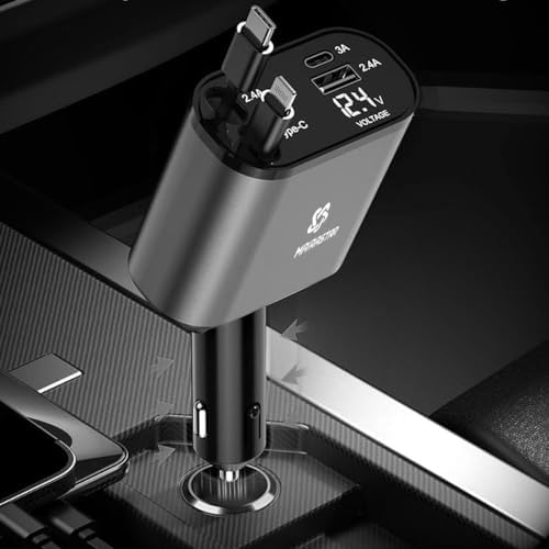 High-Power 4-in-1 Retractable USB C Car Charger – 120 W Fast Charging Adapter with 2.6 ft Type C Cable, QC 3.0 & PD 3.0 Compatibility for i Phone 12/13/14/15, Samsung Galaxy, i Pad, Google Pixel & More – Compact & Safe Charging Solution for On-the-Go Power Needs