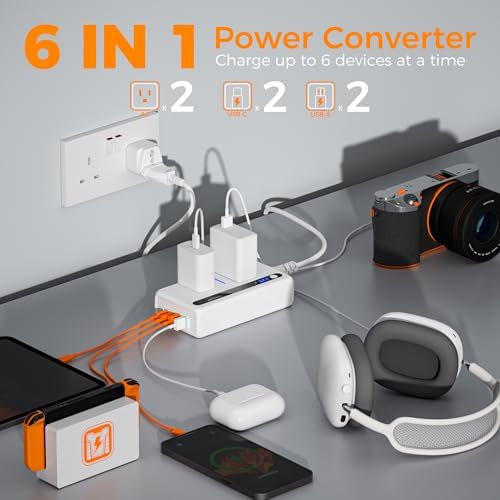 Universal 220 V to 110 V Travel Voltage Converter by TESSAN – High-Efficiency Step Down Transformer with 4 USB Ports (2 USB-C) & Dual AC Sockets for Global Compatibility in EU, UK, AU, IT – Fast Charging Solution for Seamless Worldwide Device Powering