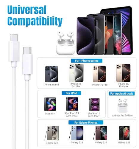 Ultimate 5-Pack 6 ft USB C to C Fast Charging Cables – 60 W Power Delivery for i Phone 16 Series and Galaxy S25, S24, S23, S22 – Durable, Flexible, High-Speed Charging Solution in Sleek White Design for Home & On-the-Go Use
