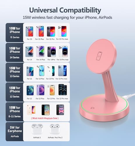 Efficient Magnetic Wireless Charging Stand – 15 W Fast Mag Safe Charger for i Phone 16 Series & Earlier, Sleep-Friendly Indicator Light, Sleek Design, Enhanced Compatibility & Quick Charge for Air Pods – Ultimate Cordless Convenience