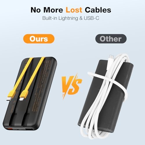 Ultra-Slim 10,000 m Ah Portable Power Bank with Built-In Cable and LED Display – 22.5 W Fast Charging Multi-Device Charger for i Phone, Samsung, Android & i Pad – Essential Travel Battery Pack in Sleek Black Finish