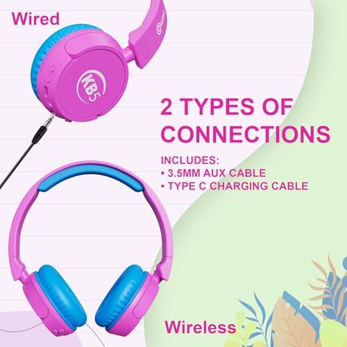 Contixo KB-5 Safe Listening Bluetooth Headphones for Kids – Foldable Over-Ear Design with 85 d B Volume Limiting – Stylish Pink & Blue Headphones for Comfortable Listening – Effortless Wireless Pairing with All Devices for Young Music Enthusiasts