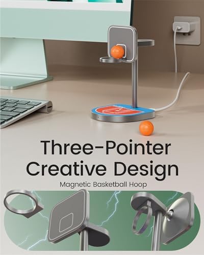 Innovative 3-Point Power 3-in-1 Charging Station for Apple Devices – Sleek Aluminum Alloy Magnetic Wireless Charger Stand with Mini Basketball & Hoop, Perfect for i Phone 16/15/14/13/12, 5 W Apple Watch & Air Pods Charging, Compact Black Design for Enhanced Speed and Style
