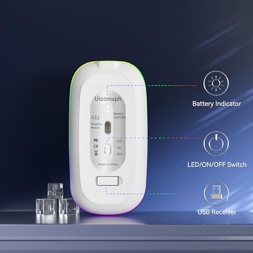 Uiosmuph G12 Slim Rechargeable LED Wireless Silent Mouse – Ultra-Portable USB Optical Computer Accessory with Type C Adapter for Seamless Compatibility and Noise-Free Operation in Blackish Green