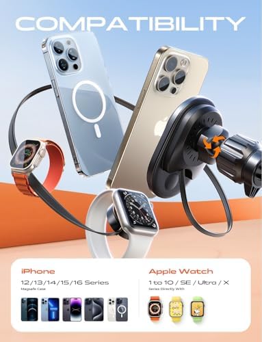 Elevate Your Driving Experience with the LISEN Mag Safe Wireless Car Charger – 15 W Fast Charging Mount for i Phone 16/15/14/13 & Apple Watch Series 10/9/8/7/6/5/4/3/SE – Effortless Retractable Design with Robust Magnetic Stability for Seamless On-the-Go Power – USB-C for Rapid Charging and Ultimate Compatibility – The Smart Choice for i Phone and Apple Watch Users Seeking Convenience and Reliability