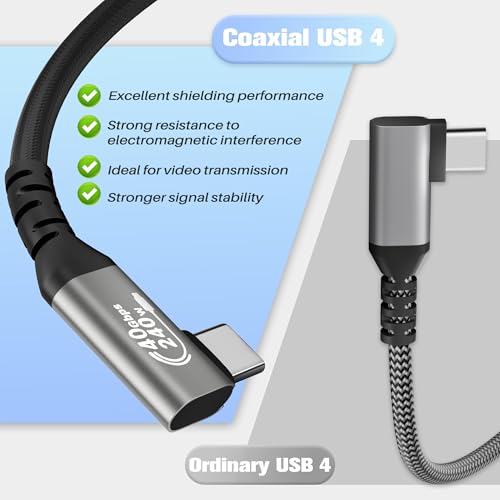 Ultra-Fast Coaxial USB 4 Cable 4 FT with 90-Degree Connector – Experience 40 Gbps Data Transfer, 8 K/5 K Video at 60 Hz, and 240 W Power Delivery – Ideal for Mac Book, i Phone 16/15, SSDs, Thunderbolt 4 & More – Enhanced Durability and Compatibility for Ultimate Performance