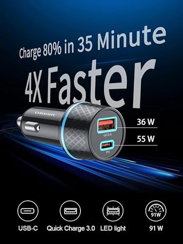 QGee M 91 W USB C Car Charger Adapter – 2 Pack Fast Charging Cigarette Lighter Charger with PD3.0 for i Phone 15/14/13 Pro MAX, i Pad Pro & Galaxy S24/S23/S22 – Ultimate Travel Solution with Enhanced Safety Features and Dual Ports