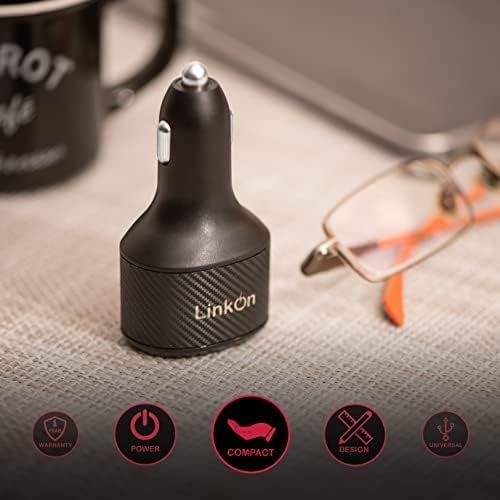 Experience Rapid Power with the Link On 84 W USB-C Car Charger: Dual-Port Fast Charging Adapter Featuring 60 W PD3.0 & 18 W QC3.0 for Mac Book, Dell XPS, Google Chromebook & More – Compact, Multi-Device Accessory with Enhanced Safety Mechanisms for Reliable Performance on the Road