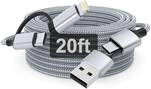 Experience Unmatched Convenience with the 20 FT Extra Long i Phone Charger Cord – 60 W USB-C and Lightning 2-in-1 Fast Charging Cable for i Phone 16/15/14 Pro/Pro Max, Mac Book, and i Pad (Gray) – Premium Durability for Effortless Charging Anywhere