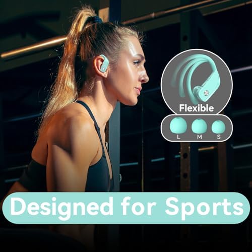 Bmani Bluetooth Wireless Earbuds: 48-Hour Playtime Sport Headphones with LED Battery Display, Mint Green Over-Ear Design featuring Secure Earhooks and Built-in Mic for Ultimate Workout Performance and Enhanced Compatibility