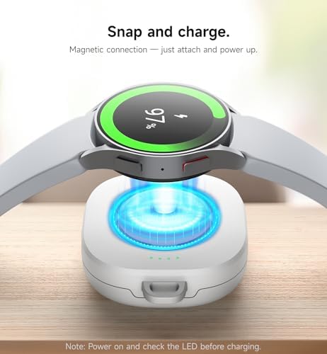 SURITCH Portable Wireless Charger for Samsung Galaxy Watches – 1100 m Ah Compact Power Bank with Keychain Design for Ultra/7/6/6 Classic/5/5 Pro/4/4 Classic/3/Active Series – Fast Charge Solution for Active Lifestyles – Sleek Black Finish for Style and Versatility