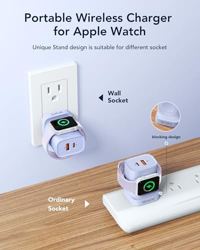 VRURC Portable Wireless Magnetic Charger for Apple Watch – 3-in-1 Travel Essential with PD 20 W Fast Charging, Compatible with i Phone 16/15/14/13 & Android Devices – Lightweight Design in Stylish Purple for Ultimate Convenience