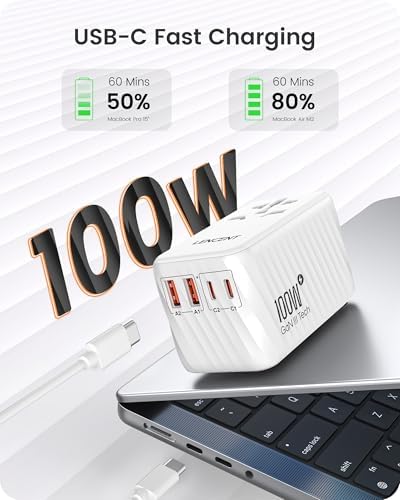 LENCENT 85 W Universal Travel Adapter with Retractable USB-C Cable – High-Speed International Plug Converter Featuring 3 Type-C & 1 USB-A Ports for Effortless Worldwide Charging – Your Ultimate Travel Essential for Maximum Compatibility, Fast Charging, and Ga N Technology Efficiency