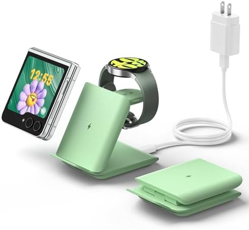 Geyo 2-in-1 Foldable Wireless Charger for Samsung Galaxy Z Flip Series & Galaxy Devices – Travel-Friendly Fast Charging Stand for Galaxy Z Flip 6/5/4/3, S24 Ultra/S23/S22/Note 20, Galaxy Watch 7/Ultra/6/6 Classic – Stylish Green Finish with Enhanced Compatibility and Safety Features
