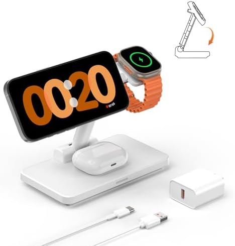 Joy Geek 3-in-1 Foldable Wireless Charging Station for Mag-Safe i Phone – Ultimate Travel Dock for i Phone 12-16 Pro Max, Apple Watch Series 4-10, and Air Pods Pro 2/3/4 – Fast, Compact, and Convenient Power Solution for On-the-Go Charging
