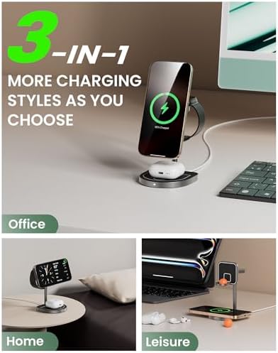 Innovative 3-Point Power 3-in-1 Charging Station for Apple Devices – Sleek Aluminum Alloy Magnetic Wireless Charger Stand with Mini Basketball & Hoop, Perfect for i Phone 16/15/14/13/12, 5 W Apple Watch & Air Pods Charging, Compact Black Design for Enhanced Speed and Style