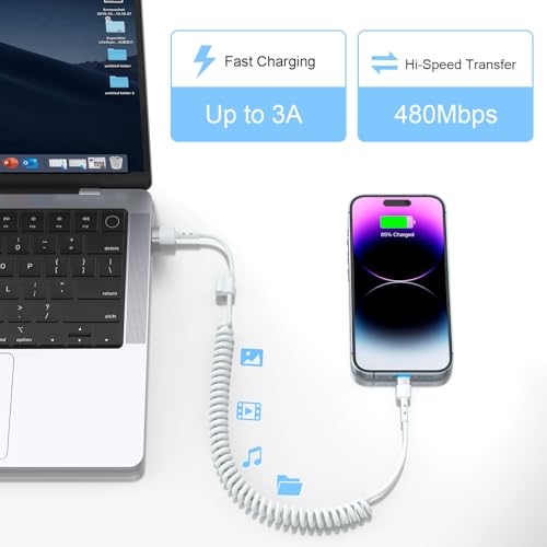 2-Pack Retractable Coiled USB-C to Lightning Charger Cable for i Phone – MFi Certified Fast Charging Solution for i Phone 14/13/12/11 SE/Xr & i Pad – 4 Ft Pink Car Play Cable for Uber and On-the-Go Syncing – Durable, Tangle-Free Design for Ultimate Portability and Efficiency