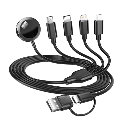 Ultimate 5-in-2 Multi-Device Charging Cable for Apple Watch and Smartphones – High-Speed USB A/C Input with Versatile Lightning, Type C, Micro, and Mini Outputs – Compatible with i Phone 15-13, i Watch 1-9, Galaxy S23-22 – 4 FT Length for Unmatched Portability and Everyday Use – Perfect for Travel and Daily Charging Solutions